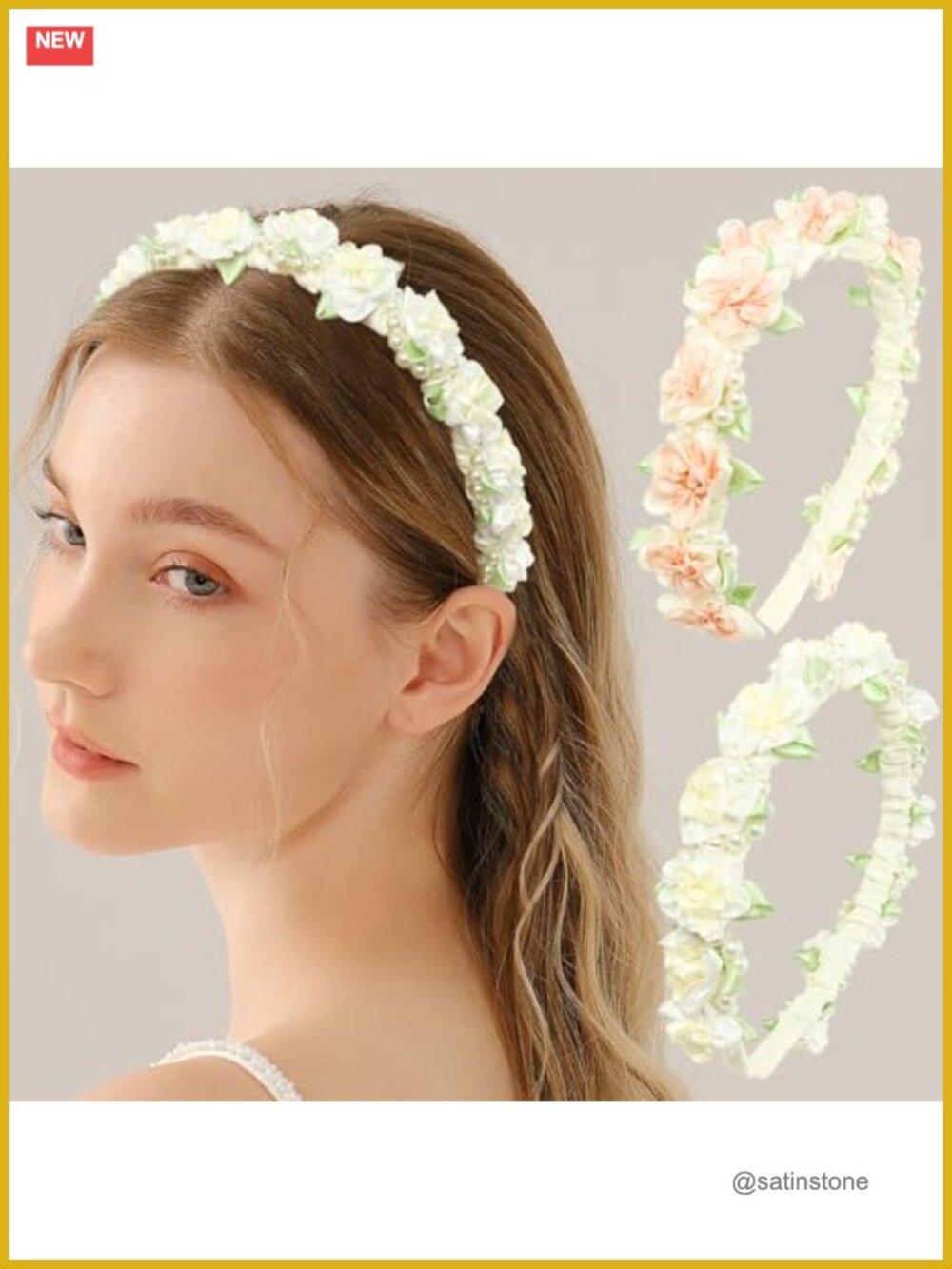Ribbon Jasmine Flower Headband 2pc Faux Pearl Hair Accessory for Women